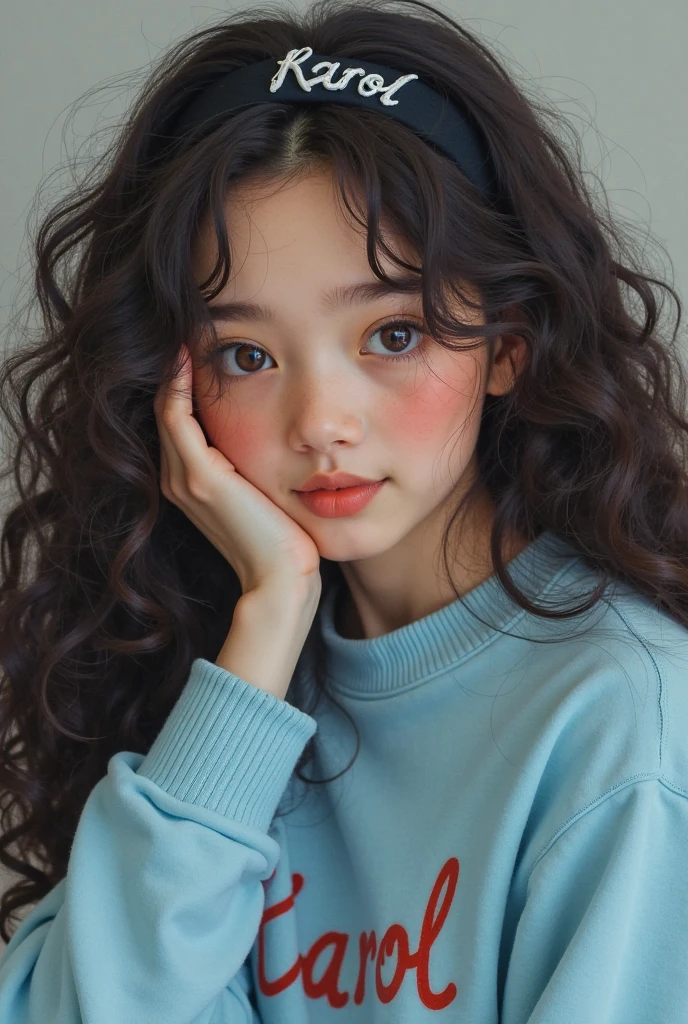 I want you to create one of black color but not so black with curly hair with black hair dimples that she has a little dark circles her forehead is a little big her hair is very curly her nose a little potato smile a little crooked eyebrows a little round eyes dark brown and long eyelashes