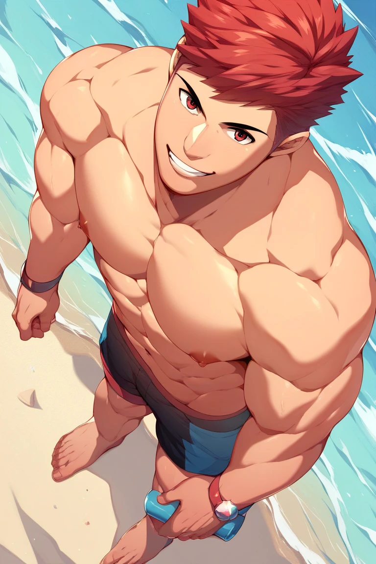 ((masterpiece)),(((best quality))),beach, sun, sunrays, ((Extremely realistic shadows, Masterpiece, extremely detailed, photorealistic)) standing in front on stage, 
 A teen ( face) 15 year old teenager (15 years old) very attractive boy, Mexican ethnicity. tanned skin,  redhair, short hair bangs that fall on both sides of his youthful face. carefree expression, young man, alone, marked muscles, beautiful musculature, aesthetic stretch marks, inspiring physique, slender muscles, square pecs, beautiful V-cone, excellent abs and torso, chiseled abs, pectorals chiseled, perfect massive muscles, inflated muscles, voluminous pectorals, massive muscular body, a huge gigantic chest with a narrow waist, huge shoulders, ridiculously well-shaped large pecs, eight chiseled abs, (very toned and huge) with his military haircut and voluminous neck, narrow waist, bare chest, shirtless, topless, blue eyes, young face, beautiful, young. Teen muscular young bodybuilder with extraordinary and firm back, chiseled muscles, rhomboid muscles, latissimus dorsi. Gigachad. He is wearing black thong. (Black cloth thong) bare chest.