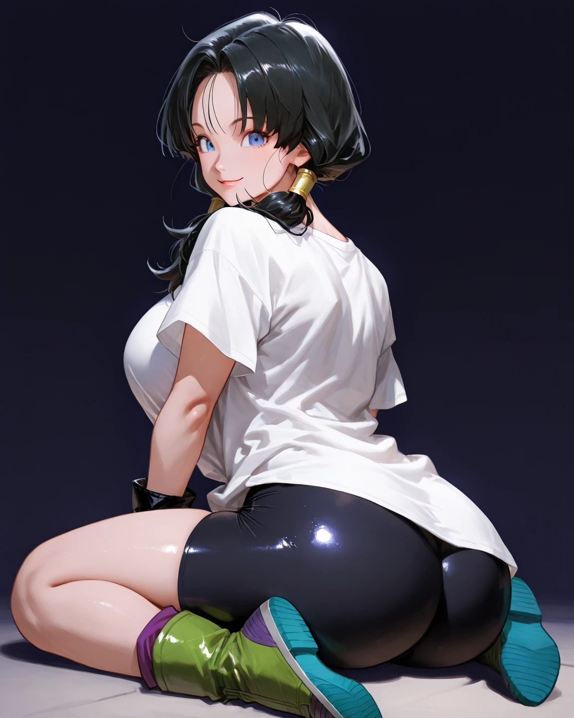 squatting, Sitting, Videl's breasts measure 106 cm, masterpiece, best quality, highres, videl2, solo, blue eyes, black hair, twintails, black gloves, bike_shorts, bangs, white shirt, badge, cowboy shot, frown, hand on hip, leaning forward, pointing at viewer, Big Breasts , opening your legs, Nsfw , Focus crotch, detailed and sexy crotch , vulva Nsfw , Swollen vulva, big and voluptuous crotch vulva , Super tight shorts that highlight the vulva , POV, Firm pose, straight body