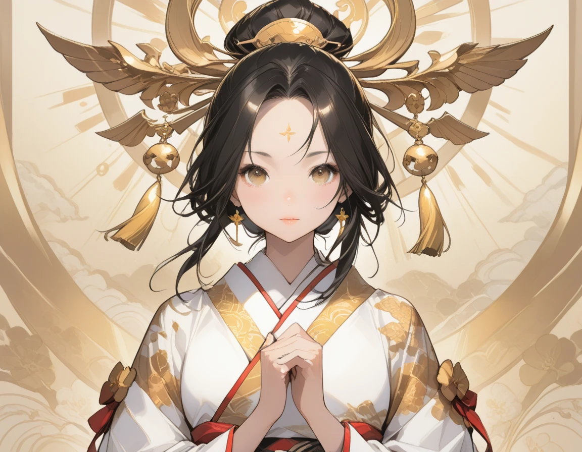 Amaterasu, goddess of the sun, incarnation of the sun, supreme god of Japan, ruler of Takamagahara and the deification of the sun. The ancestor of the Japanese emperor, the supreme god of Shinto in Japan, ((normal breasts)), (human wife), indifference, extreme majesty, golden eyes, coated with gold dust, sitting cross-legged, shaping a glorious atmosphere, fair skin, long black hair, mother, gold clothing, clogs, perfect legs, ancient Japanese clothing, gorgeous gold belt, (lots of luxurious Japanese accessories), perfect flesh full of texture, , scorching rendering effect, jaw-dropping, captivating visual enjoyment, ((best quality), ((masterpiece) ), maximum definition, multi-layered texture, super detailed, illustration, (super detailed face), (perfect face), clear texture, fine texture, ultra-HD detail display, excellent image performance, high-quality illustration, perfectly fitting and harmonious tones, deep lines, precise brush strokes, with a strong sense of three-dimensionality and delicate wear, wonderful color matching, intricate details