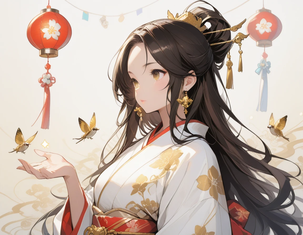 Amaterasu, goddess of the sun, incarnation of the sun, supreme god of Japan, ruler of Takamagahara and the deification of the sun. The ancestor of the Japanese emperor, the supreme god of Shinto in Japan, ((normal breasts)), (human wife), indifference, extreme majesty, golden eyes, coated with gold dust, sitting cross-legged, shaping a glorious atmosphere, fair skin, long black hair, mother, gold clothing, clogs, perfect legs, ancient Japanese clothing, gorgeous gold belt, (lots of luxurious Japanese accessories), perfect flesh full of texture, , scorching rendering effect, jaw-dropping, captivating visual enjoyment, ((best quality), ((masterpiece) ), maximum definition, multi-layered texture, super detailed, illustration, (super detailed face), (perfect face), clear texture, fine texture, ultra-HD detail display, excellent image performance, high-quality illustration, perfectly fitting and harmonious tones, deep lines, precise brush strokes, with a strong sense of three-dimensionality and delicate wear, wonderful color matching, intricate details