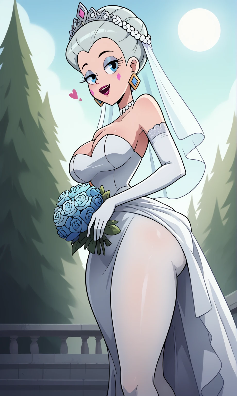 score_9, score_8_up, score_7_up, BREAK, solo, breasts, makeup, wedding dress, wedding veil, holding bouquet of flowers, sexy poses,((huge breasts :1.5)), big ass, upper body, portrait, mature Inteleon, Simple bottom, thick thighs, wide hips, big ass, slightly showing butt crack, showing big 