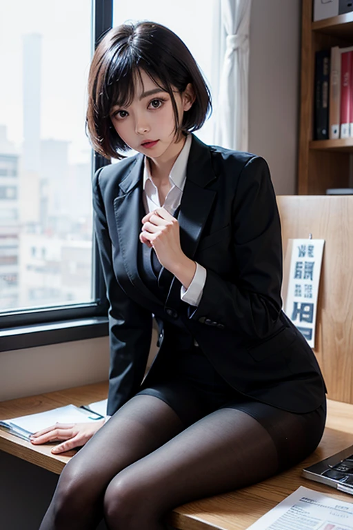 British woman、20yr old、Human skin feel、Realistic Woman、OL、Stockings、Wear a suit、ty、s Office、Solo Shot、short-cut、Kiss Face