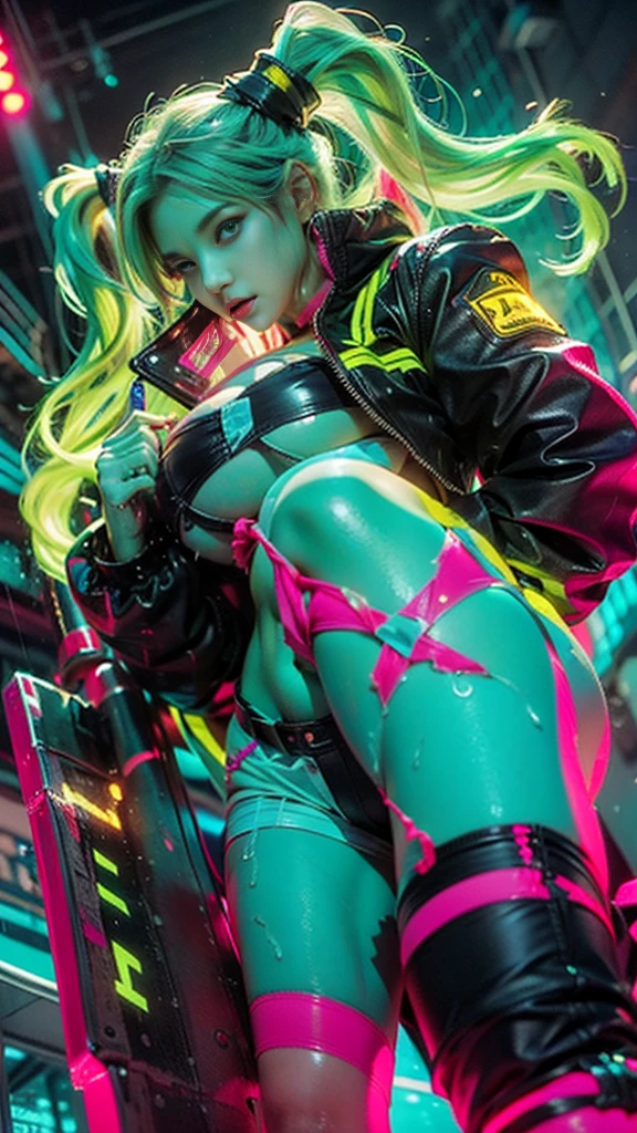Rebeca_em_ciberpunk, realistic, photorealistic, best quality, good anatomy, cowboy shot, close up, aqua twemtails, Aqua Long Hair, mechanical eyes, ((red sclera)), ((Green students)), open jacket, black jacket, black bra, black panties, neck tattoo, belly tattoo, leg tattoo, bare legs, torso, outdoor, cyberpunk,neon trim, neon lights, streets, tall buildemgs,