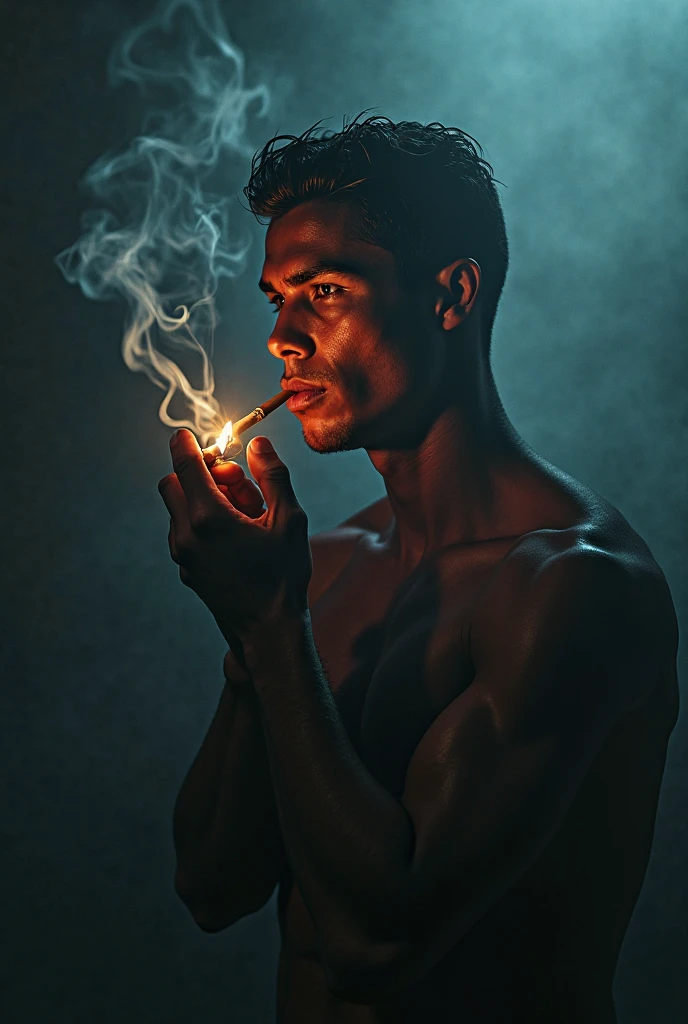 A haunting portrait of a Mediterranean-Native American shirtless fit and muscular male model, his chiseled features. His short, scruffy beard and swept-back black hair are styled in a wild and feral manner, and an air of unease settles over him as thick smoke glowing beryl-hued toxic smoke billows from his mouth as if an invader makes its presence known, mingling with the eerie atmosphere of the black and emerald-hued haze that shrouds the space behind him.