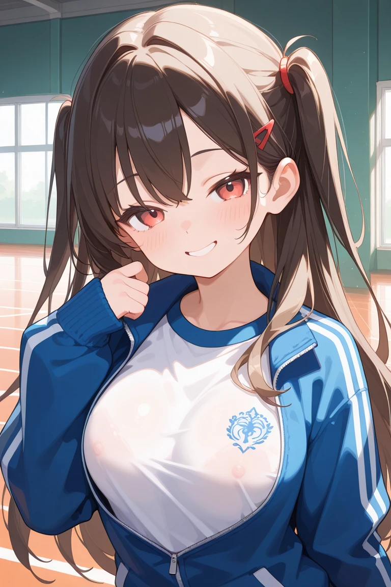NSFW、Primary school students、child、Long Hair、((Small breasts、Small breasts、体型、Angry、Wounded Body、Blue ribbon))、((Pink nipples、See-through leotard、weating profusely、Training at the gym