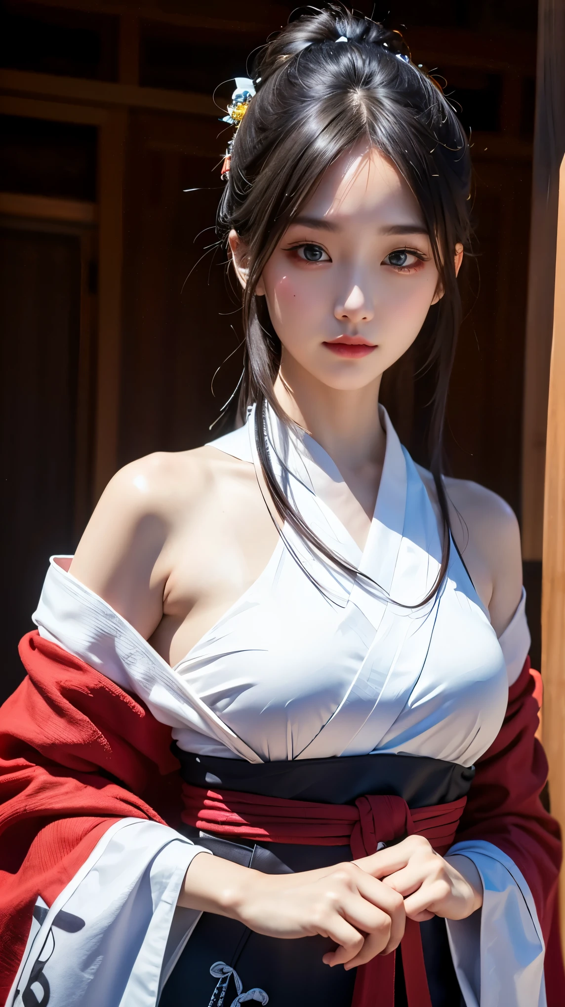 Highest quality, Ultra-high resolution, (Realistic: 1.4), Super beautiful, beautiful, Warrior, Japanese style Eyes that invite the viewer, Mistress's point of view, Attractive look, Sexy smile, Perfect Style, Perfect balance, Detailed skin full body shot, Mischievous Gaze, (Black Hair、ponytail:1.4), Droopy eyes、Japanese sword