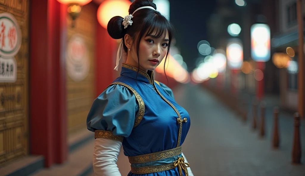 《Street Fight II》Chunli, Perfect Chunli Costume, Blue and gold Chinese dress, Bunhead, Combat Stance, High kick, kick、Please put your feet up, 1 beautiful girl、Beautiful Eyes、Detailed eyes, (reality: 1.4), Light、so beautiful、Beautiful Skin、Detailed skin, (Ultra-realistic)、(8k)、(Very detailed)、(Beautiful Eyes)、(Very detailed)、 (wall-)、Delicate face、Bright Light、Professional Lighting、direct view、Perfect Face, Perfect brown eyes with white sclera, Lonely, 1 girl, Upper Body, Brown Hair, Muscular woman, Blue clothes, Pelvic Curtain, Short sleeve, Good cover, evaluate: The line of sight is this、masterpiece, 最high quality, high quality, High resolution, Big Tits, (((Antarctic background)))