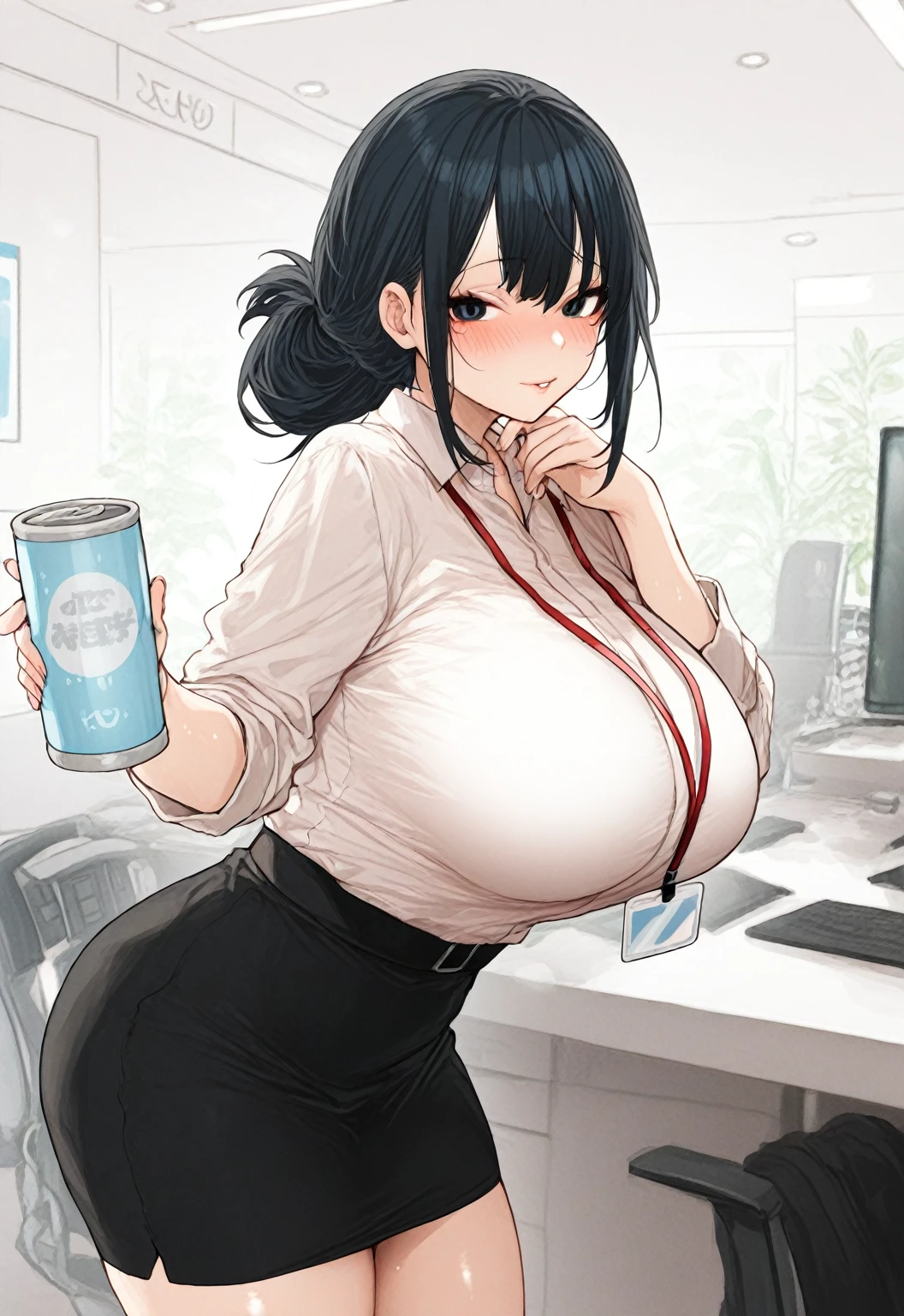 Chubby thic fat bbw Nature wife, black hair, Brown eyes, wearing black pants and pink blouse sitting in the Office, desktop with papers and laptop, talking with co-workers, drinking coffee, 4 man watching, view from the side