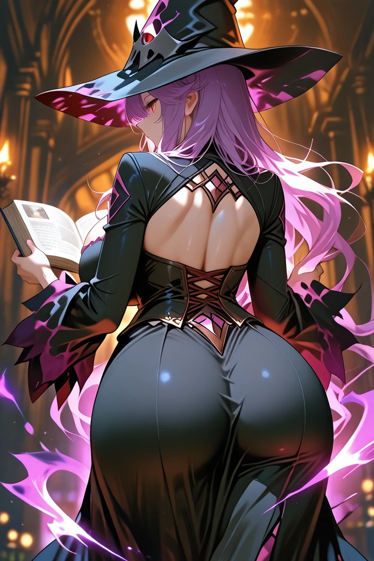 (Back view)、High quality, Ultra detailed, best quality, insanely detailed, beautiful, masterpiece、(Holds a giant magical staff that holds a huge amount of purple psychic energy)、(Purple hair with waves、Witch Hat)、(Slut、Bitch、Prostitute)、(Huge breasts、Underboob、Sideboob、See-through sexy thong lingerie)、(Huge tattoo that glows on the crotch、Camel toe)、(Wide Hips、Thick thighs、glamorous、curve、NSFW、Revealing outfit)、(Black garter belt、Black long boots、Black Gloves、See-through cape)、((Giant Moon:1.5)、ancient ruins)