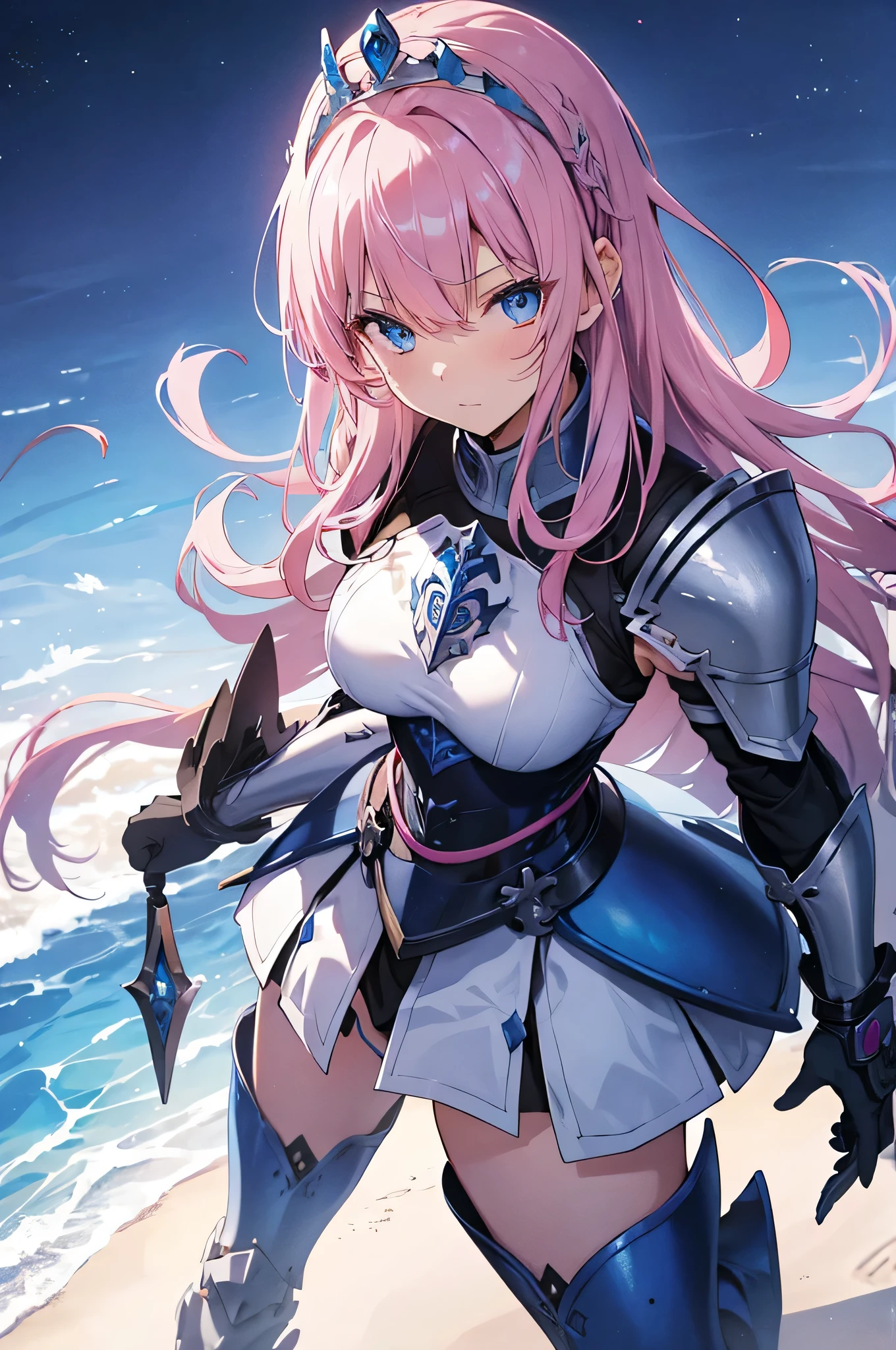 a magical girl with half pink hair half black hair in heavy men armour holding a whip