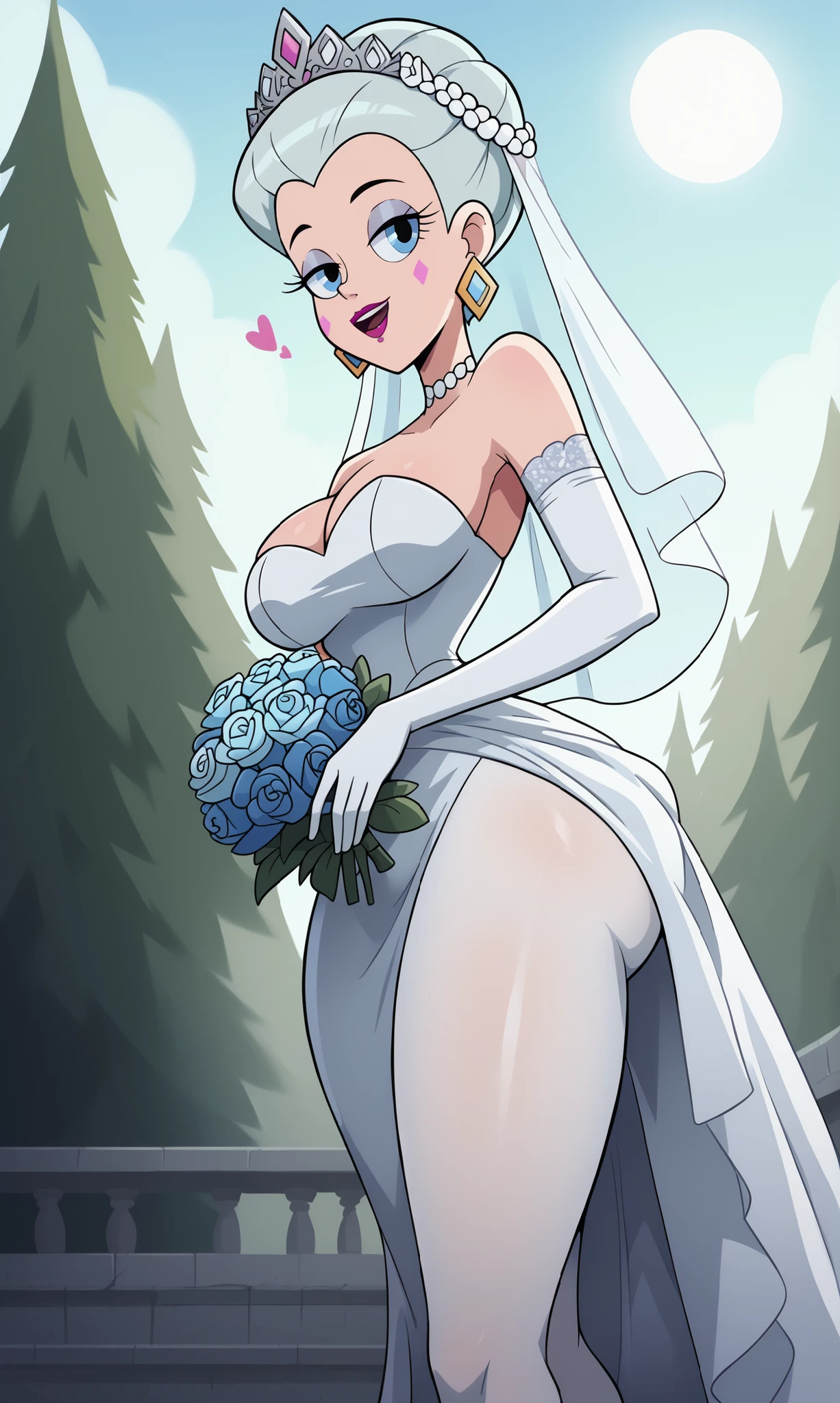 score_9, score_8_up, score_7_up, BREAK, solo, breasts, makeup, wedding dress, wedding veil, holding bouquet of flowers, sexy poses,((huge breasts :1.5)), big ass, upper body, portrait, mature Inteleon, Simple bottom, thick thighs, wide hips, big ass, slightly showing butt crack, showing big