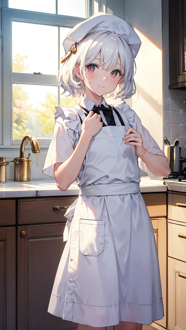 1girl in、A smile、Cooking in your room、barechested、Wearing only an apron、（（small tits））、