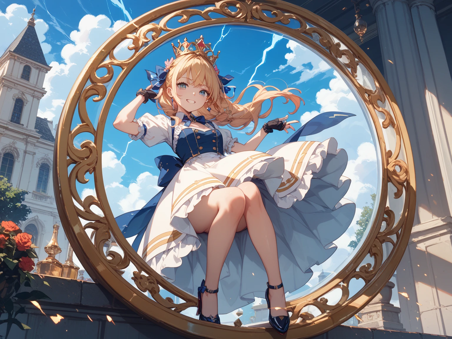 ((top-quality)), ((masterpiece)), ((ultra-detailliert)),(8k wallpaper:1.2),(Ultra-high resolution:1.2),(masterpiece:1.1),wallpaper,High quality,(High detail),(absurdres, highres, ultra detailed),( best quality:1.2),1girl,pale skin,blue eyes,gold eyelashes,golden hair,white background, smiling, wearing royalty uniform, absolutely stunning art, extremely detailed, highest quality digital art, highest resolution, HD quality, wallpaper 8k