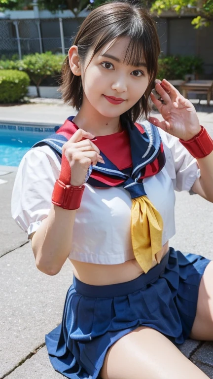 (8K、Raw photography、highest quality、masterpiece:1.2),(black haired、very short hair:1.7),show viewer,Looking at the front,erotic,white skin,(super sentai series、precure series costumes:1.6)、(Clothing that emphasizes the shape of your chest:1.4)、exposing one's skin、(big breasts :1.4)、slim body shape、ultra high resolution,beautiful,beautiful fece,(alone, alone、no background:1.9),whole bodyボディー,japanese woman,(Photoreal:1.37)、photon mapping,reality、(Cute with a baby face: 1.1)、(cute smile: 1.7)、(With a round face: 1.8)、radio city、Physically based rendering、depth of field rally background、photograph, (I can see your knees,close up of thighs、skirt is too short、spread your legs、show off panties:1.4),whole body、super fine