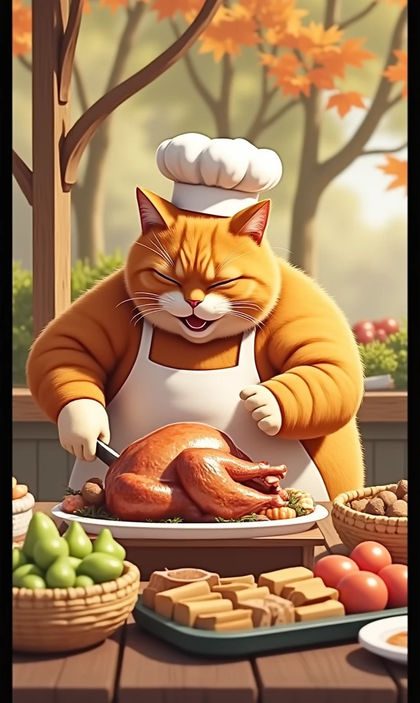 Obese cat, large belly, sitting at table, food on the table, stuffing her face with food, hands full of food, chair giving way from her weight