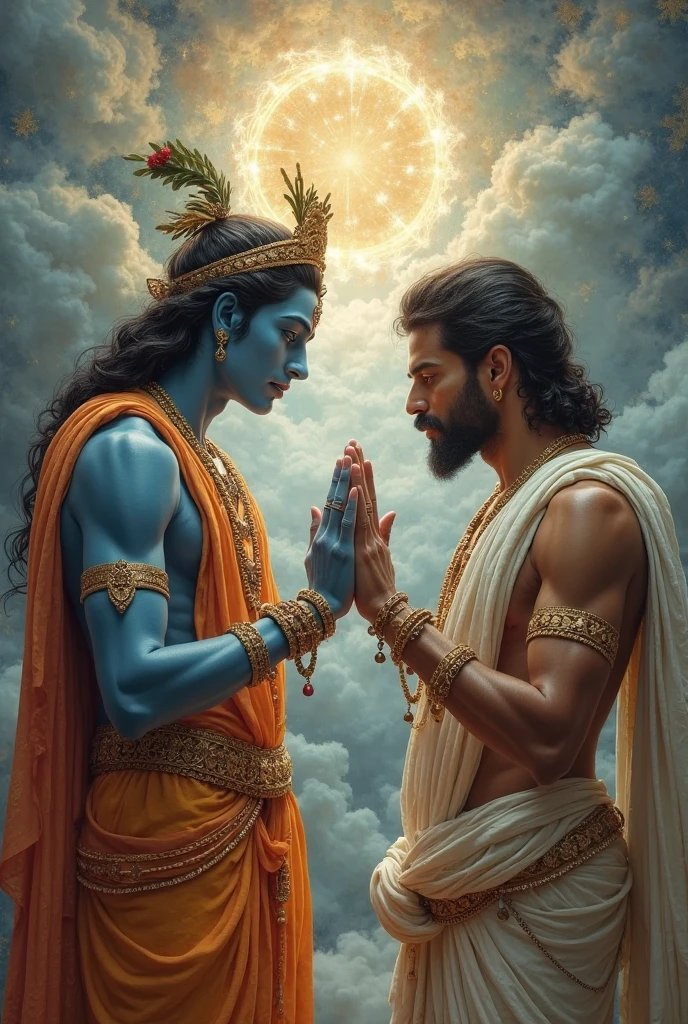 ((masterpiece, best quality)), Krishna with skin all in blue tone, very beautiful, long black hair, a peacock feather on his head, thin, wearing yellow clothes, in the background expression would be, in serious posture, facing the viewer, golden clouds and planets in the background