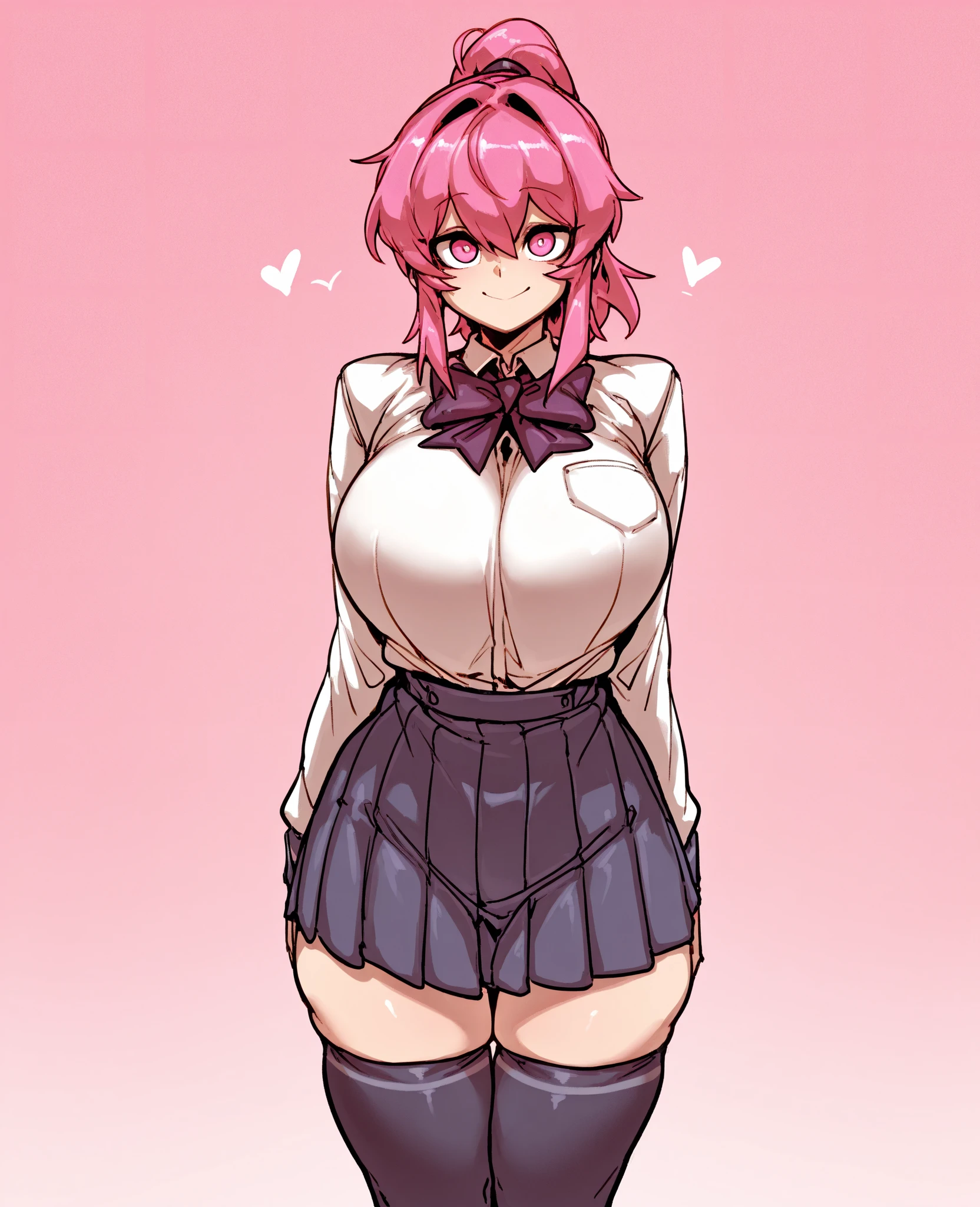 there is a cartoon picture of feminine boy with short pink hair, anime moe artstyle, 1 7 - year - old anime, in an anime style, demon femboy, flat anime style, cute, crossdresser, lewd body, curvy, chubby, white noble clothes, fantasy clothes, thigh highs, short skirt, golden details on clothing, shy pose, big breasts