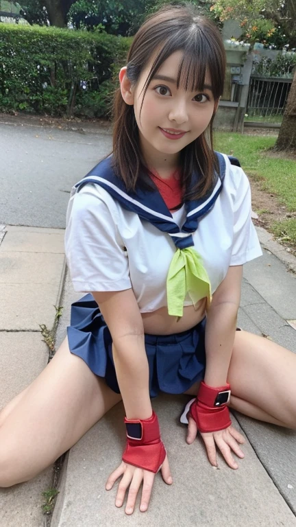 Neat and clean high school girl、(school uniform、Sailor suit、Ribbon tied on chest、Summer clothes、The upper body is white、The skirt is navy blue)、Outside the stadium、(slim)、Realistic、detailed, Skin Texture, 超detailed、Delicate and sexy collarbone、A sloppy smile、スーバーdetailedな顔、detailed唇、detailedな目、Small breasts、Small breasts、、Small breasts、Flat Chest、Accentuate your breasts、Bright Face、((Are standing、White panties are visible under her skirt、Lift the hem of your skirt slightly with both hands..,,))((Naked and wearing only a white apron、Naked sexy white apron))、Short hair with bangs、Straight Bob Hair、、Top view、12 years old