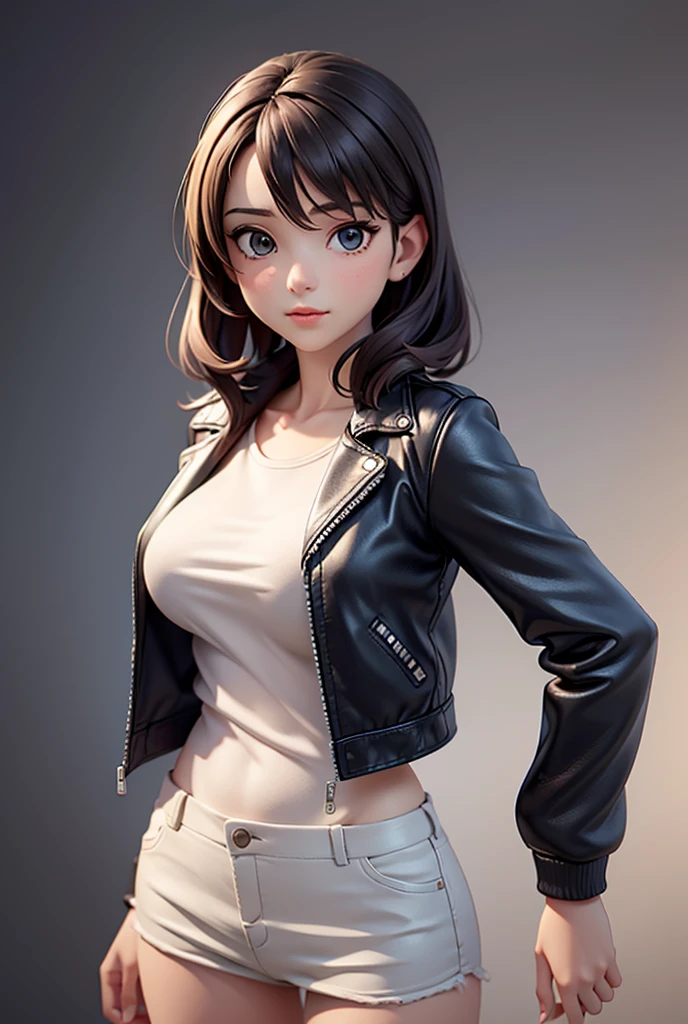 1 girl (18yo) , upper body, slim waist, small breast, sexy pose, naugthy face, bangs, cleavage, , short top, brown jacket,off shoulder, seductive smile, wear sexy outfit, white background