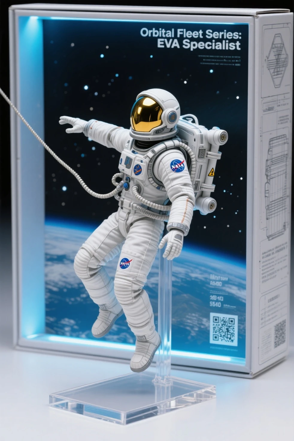 highly detailed scale model figure of the Apollo Lunar Module (LM) as the central focus, with extended landing legs, gold foil texture, antennas, thrusters, and open hatch, accurately sculpted with authentic mission markings

a small astronaut figure in A7L suit stands beside the lander for scale, saluting the American flag planted in the lunar soil, footprints and equipment such as the lunar camera and experiment packages placed around the module

the display base is a realistic textured lunar surface with crater details, enclosed in a transparent acrylic case with soft cold white LED lighting simulating moonlight, Earth printed faintly on a backdrop sky

base plaque reads: “APOLLO 11 – First Lunar Landing 1969”, boxed in a retro NASA-themed collector’s package with technical blueprints and vintage typography