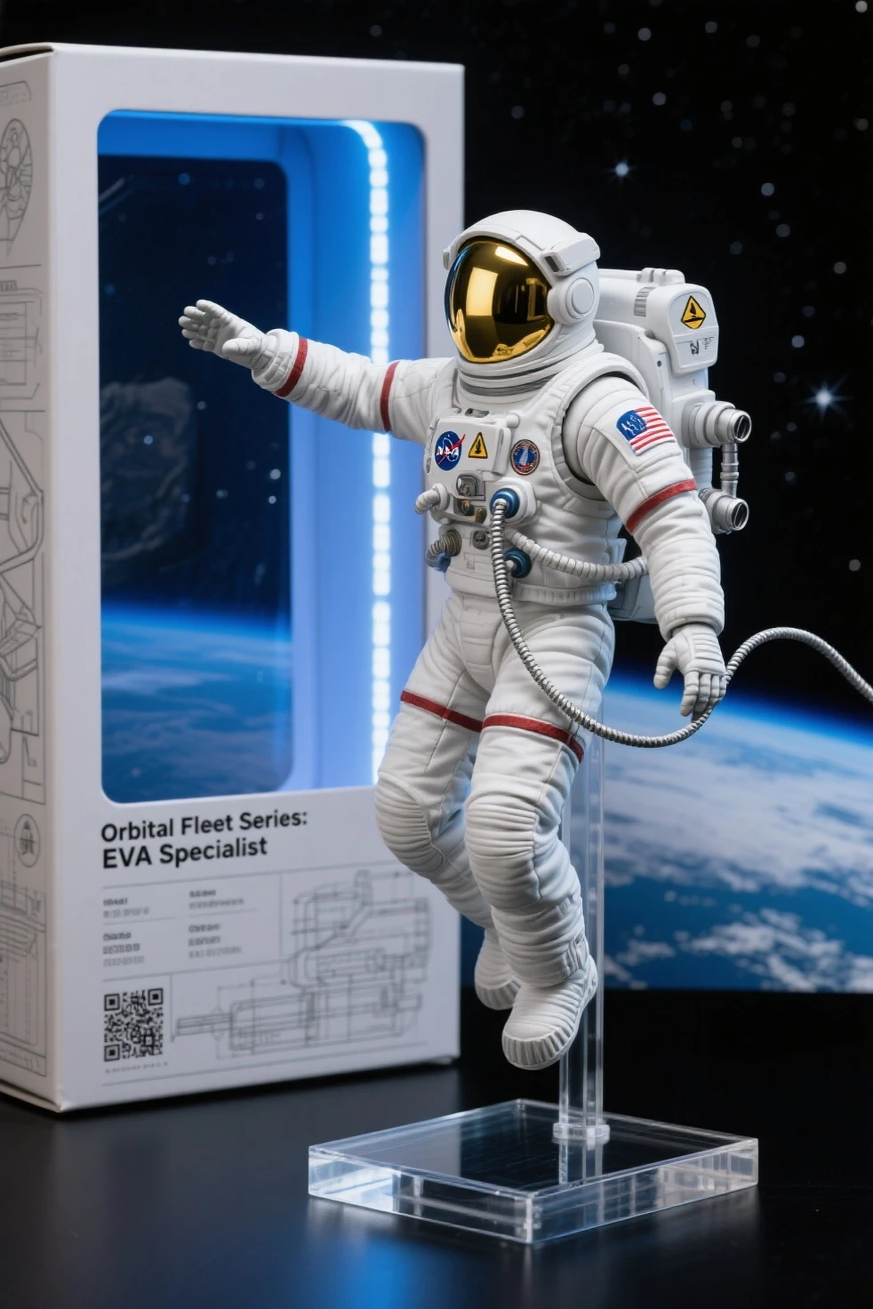 highly detailed scale model figure of the Apollo Lunar Module (LM) as the central focus, with extended landing legs, gold foil texture, antennas, thrusters, and open hatch, accurately sculpted with authentic mission markings

a small astronaut figure in A7L suit stands beside the lander for scale, saluting the American flag planted in the lunar soil, footprints and equipment such as the lunar camera and experiment packages placed around the module

the display base is a realistic textured lunar surface with crater details, enclosed in a transparent acrylic case with soft cold white LED lighting simulating moonlight, Earth printed faintly on a backdrop sky

base plaque reads: “APOLLO 11 – First Lunar Landing 1969”, boxed in a retro NASA-themed collector’s package with technical blueprints and vintage typography