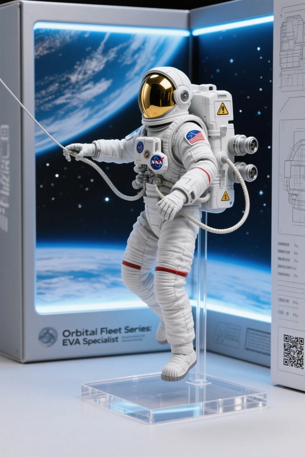 highly detailed scale model figure of the Apollo Lunar Module (LM) as the central focus, with extended landing legs, gold foil texture, antennas, thrusters, and open hatch, accurately sculpted with authentic mission markings

a small astronaut figure in A7L suit stands beside the lander for scale, saluting the American flag planted in the lunar soil, footprints and equipment such as the lunar camera and experiment packages placed around the module

the display base is a realistic textured lunar surface with crater details, enclosed in a transparent acrylic case with soft cold white LED lighting simulating moonlight, Earth printed faintly on a backdrop sky

base plaque reads: “APOLLO 11 – First Lunar Landing 1969”, boxed in a retro NASA-themed collector’s package with technical blueprints and vintage typography