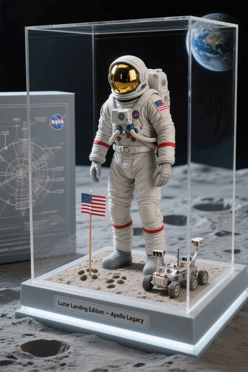 highly detailed scale model figure of the Apollo Lunar Module (LM) as the central focus, with extended landing legs, gold foil texture, antennas, thrusters, and open hatch, accurately sculpted with authentic mission markings

a small astronaut figure in A7L suit stands beside the lander for scale, saluting the American flag planted in the lunar soil, footprints and equipment such as the lunar camera and experiment packages placed around the module

the display base is a realistic textured lunar surface with crater details, enclosed in a transparent acrylic case with soft cold white LED lighting simulating moonlight, Earth printed faintly on a backdrop sky

base plaque reads: “APOLLO 11 – First Lunar Landing 1969”, boxed in a retro NASA-themed collector’s package with technical blueprints and vintage typography