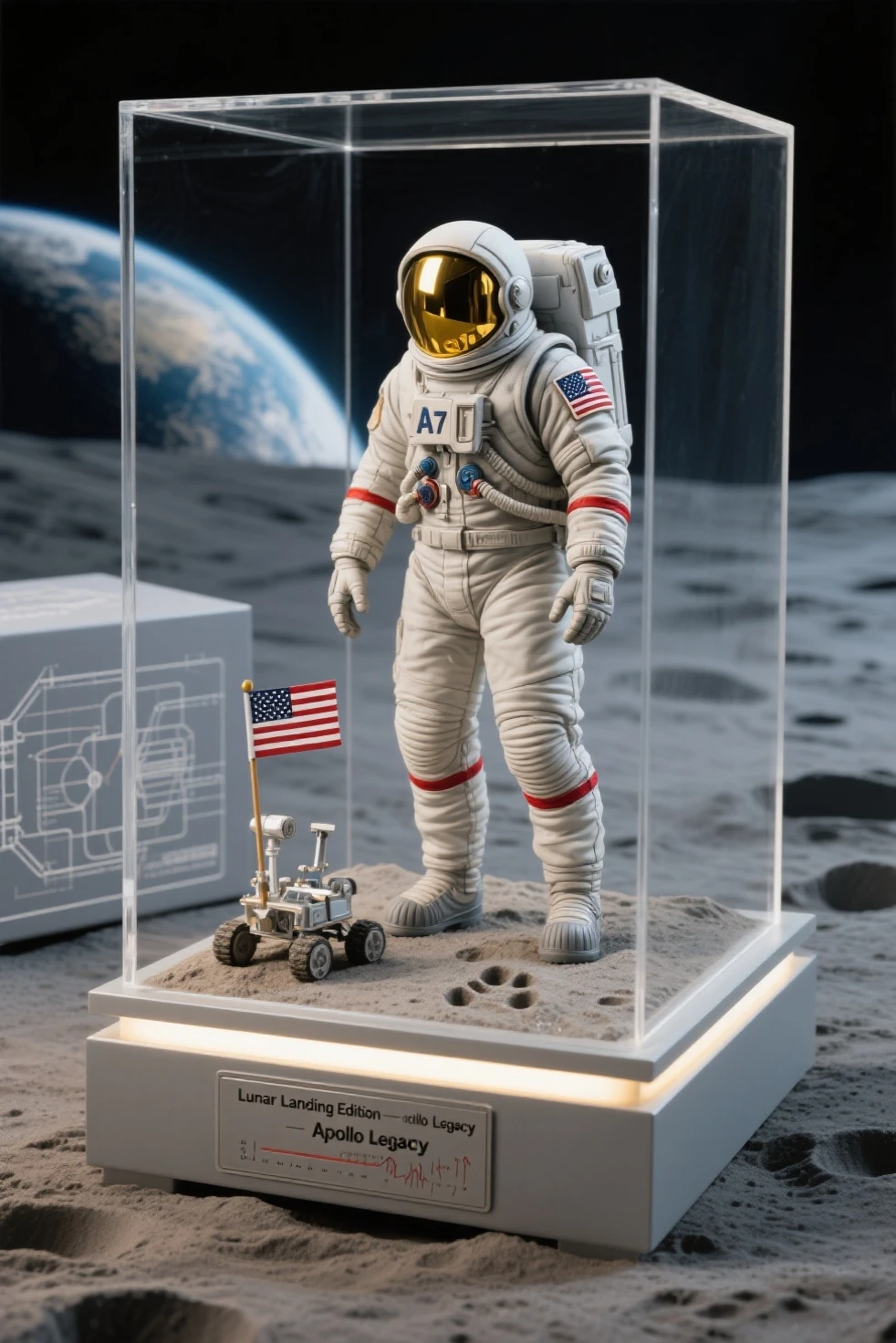 highly detailed scale model figure of the Apollo Lunar Module (LM) as the central focus, with extended landing legs, gold foil texture, antennas, thrusters, and open hatch, accurately sculpted with authentic mission markings

a small astronaut figure in A7L suit stands beside the lander for scale, saluting the American flag planted in the lunar soil, footprints and equipment such as the lunar camera and experiment packages placed around the module

the display base is a realistic textured lunar surface with crater details, enclosed in a transparent acrylic case with soft cold white LED lighting simulating moonlight, Earth printed faintly on a backdrop sky

base plaque reads: “APOLLO 11 – First Lunar Landing 1969”, boxed in a retro NASA-themed collector’s package with technical blueprints and vintage typography