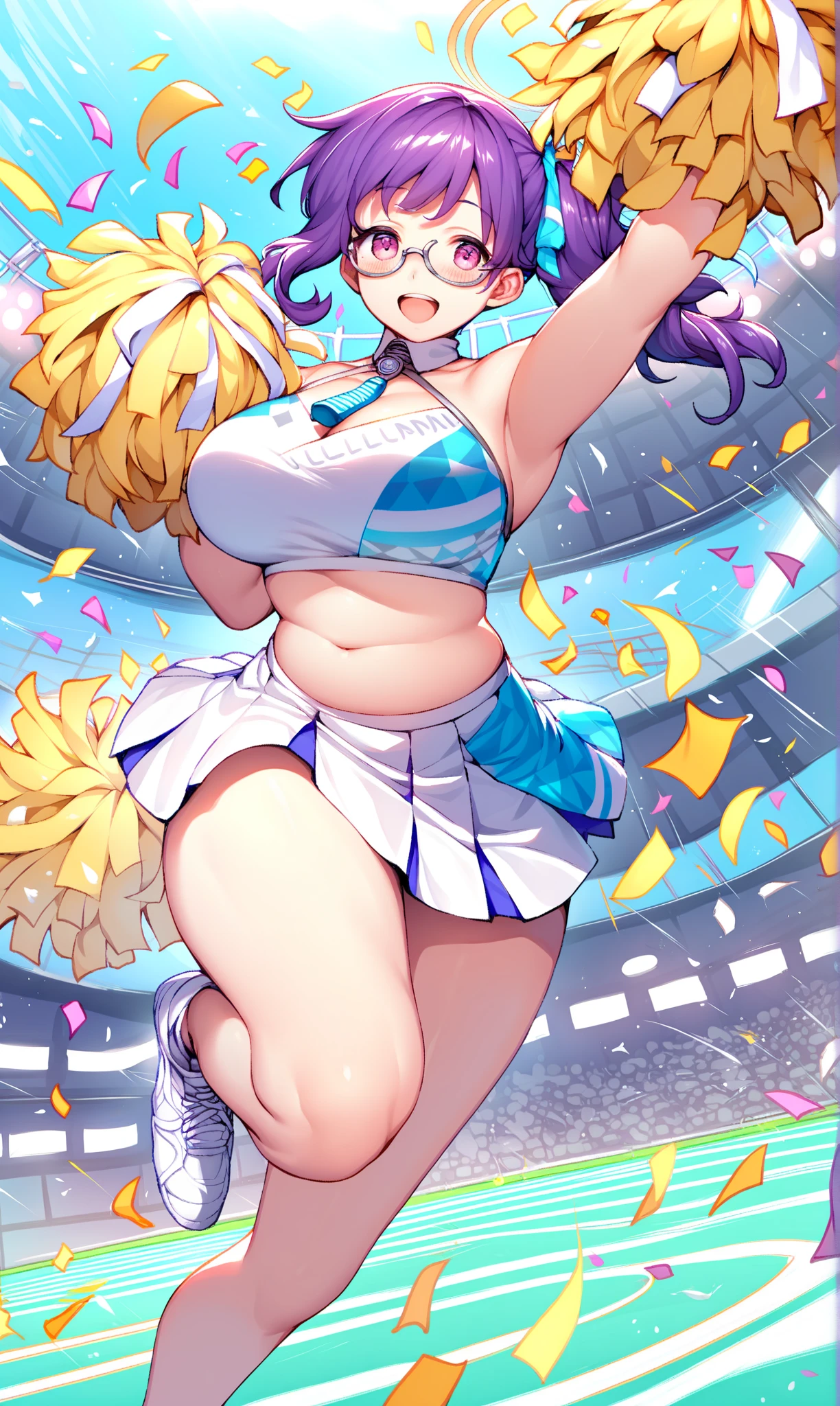masterpiece, best quality, (1girl, full body), <lora:shantae-nvwls-v1-final:1>, <lora:osutatakae_amemiya-10:0.55>, pom pom \(cheerleading\), skirt, purple hair, ponytail, tiara, choker, hoop earrings, o-ring bandeau, cheering, cheerleader, cleavage, pointy ears, blue eyes, vambraces, high heels, pleated skirt, jumping, confetti, sweat, :d, stadium,