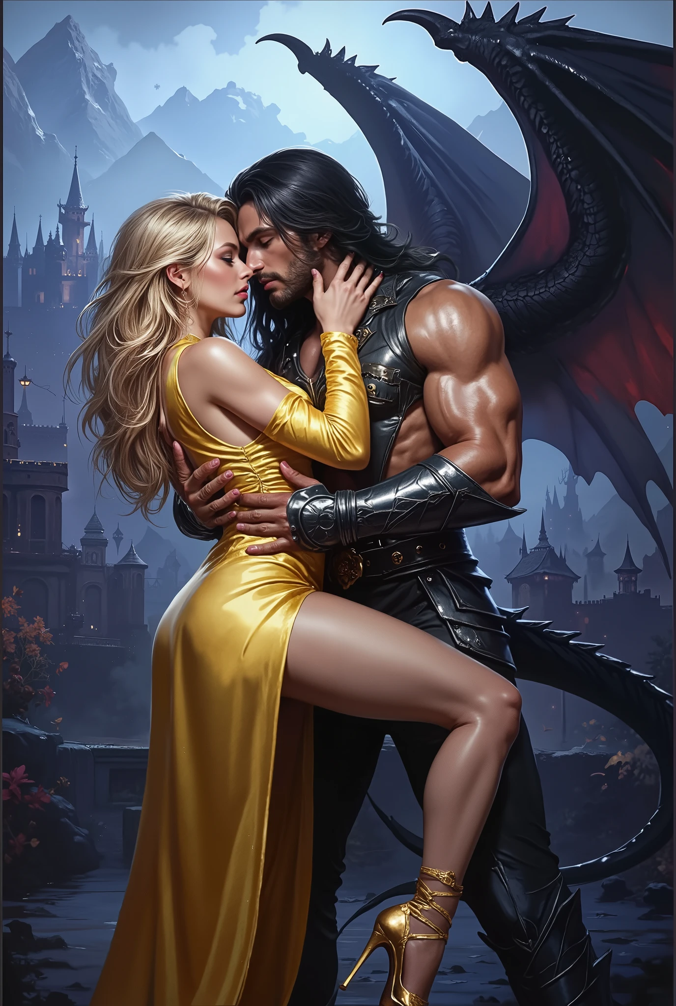  (((EXTREMELY DETAILED TEXTURED ULTRA-REALISTIC FIRST PLAN: 1.4)))  vibrant vivid etheral hyperphotorealisticdigital image фэнтези, on foreground vividvibrant contrasting, beautiful flirtous blonde in a golden mirror-shiny satin dress, golden shiny high-heeled shoes stiletto hugs and kisses a massive sexy erotic muscular black-haired man with black dragon wings,on the blue background at night mystical landscape castle, mountains, sky.Ideal for bookcover. extremally professioanal,scene,many detailed,trending fashionable image for bookcover. Ideal for bookcover. dynamic angle, extremally professioanal,scene,many detailed,trending. Красивые model faces . fashionable image for bookcover, ratio 2:3, model faces, only image-no text, emotional poses,  expression . model faces , dalle-3+midjourney style+GREG RUTKOWSKI, seductive, Languidly,  is intriguing . hd, hi-rez, complementary bright vibranthue color scheme, MUCH DETAILED, hyperrealistic drawing. she looks at the camera, he looks at the girl. rich rich colors, bright shades,  contrasting ! [[[Draw a soft, dreamy watercolor]]] The background has variations in blurred tones, composition that evoke calm, ethereal atmosphere. Soft light shines through the, the smoky quality of the. subtle details are gently defined, enhancing the overall gentle and picturesque effect of the, showing shades of deep color with subtle details around the edges, scene creating a vivid contrast with the cream, the muted background and the simplicity of the elegant, Fleeting beautiful moments are fragile, but immortalized in art. (((EXTREMELY DETAILED ULTRA-REALISTIC 2D FOGGY PASTEL BACKGROUND: 1.2))) (((EXTREMELY DETAILED ULTRA-REALISTIC 2D FOGGY oil canvas PASTEL BACKGROUND: 1.5)))