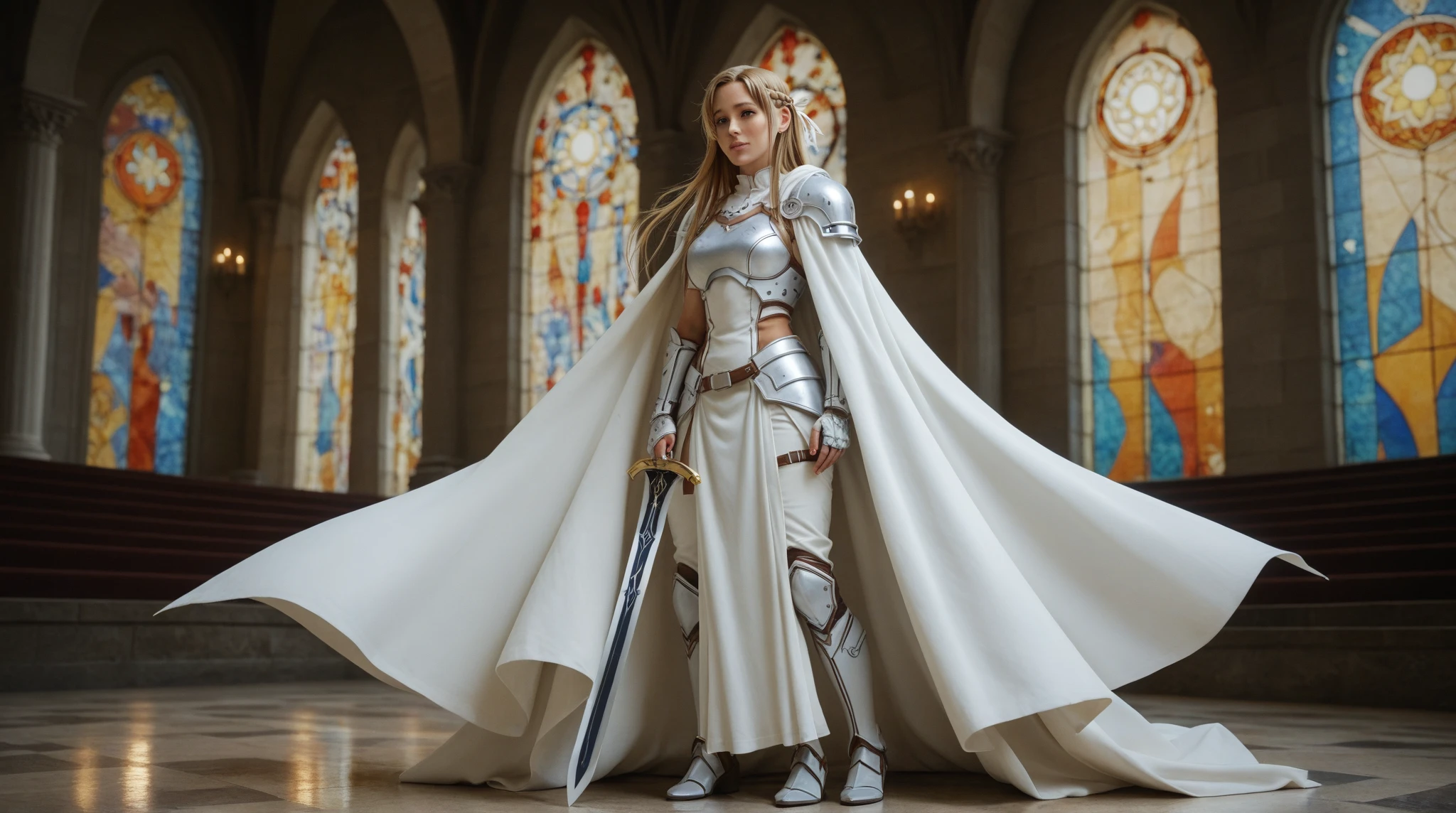 PixArt, rpg character, 25 years old, wearing full armor, long white magic staff, long blond hair, braided hair, symbole du soleil-levant, priestess of the sun
