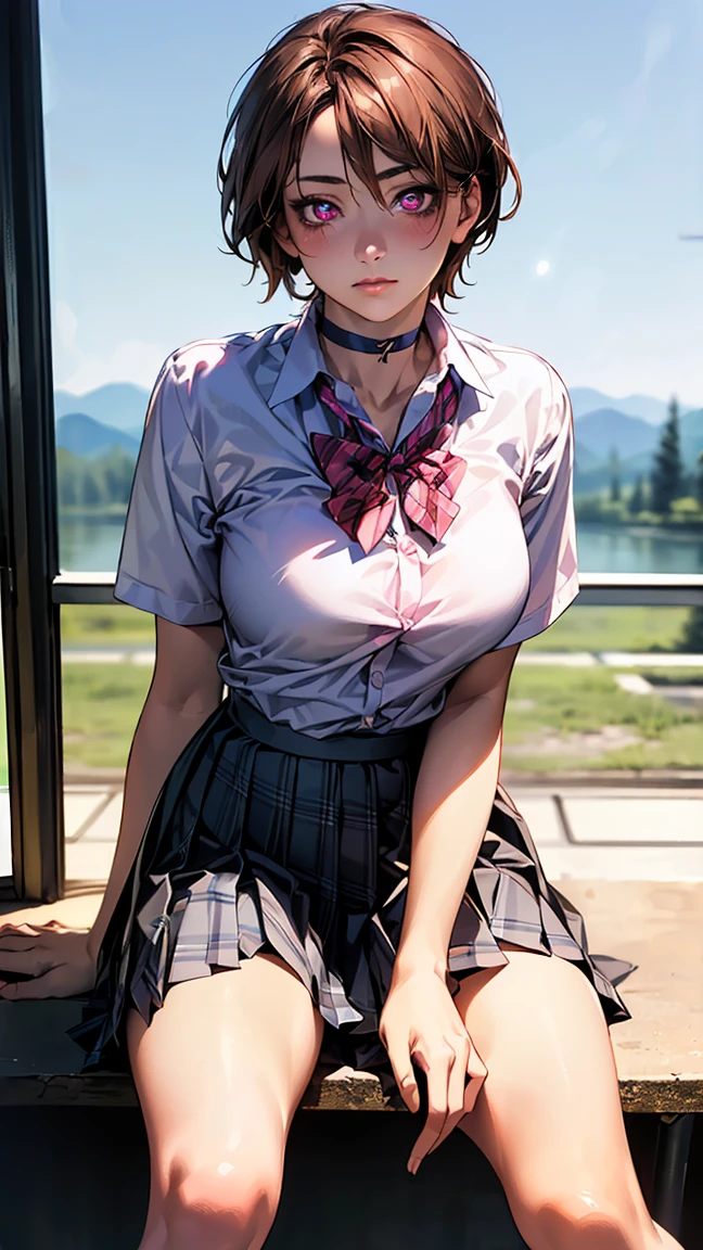 (masterpiece, best quality:1.2), in the Sauna full of Steam , honoka dead or alive , skull hair ornament , wet clothes, soaked, wet hair, wet skin, translucent, glistening with oil , dishevelled , solo, 1girl, school girl uniform , steam , plaid skirt , pleated skirt , The shirt is tight. , white shirt , school girl , red bow , red knot , red eyes, intricate, highres, 8k, detailed hair , wet and sweaty , wet white shirt , clothes were so wet that her breasts could be seen , Soak in water , big breasts