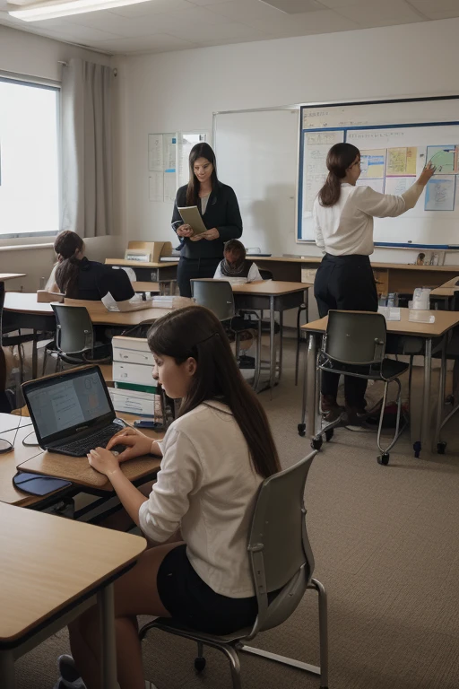 (best quality, UHD:1.2), a classroom filled with students studying, holding books, multiple chairs, students sitting, a teacher lecturing at the blackboard, realistic