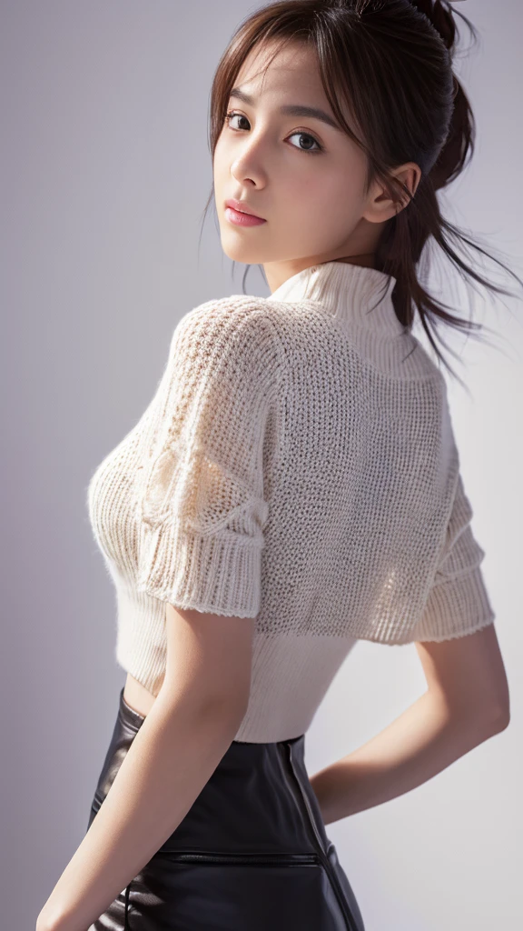 (detailed face),((crotch)),normal breasts,pretty,sleeveless and turtle neck white Knitted clothes,4k ,super high resolution ,(photo-realistic: 1.7),colorful background, long hair,bangs,