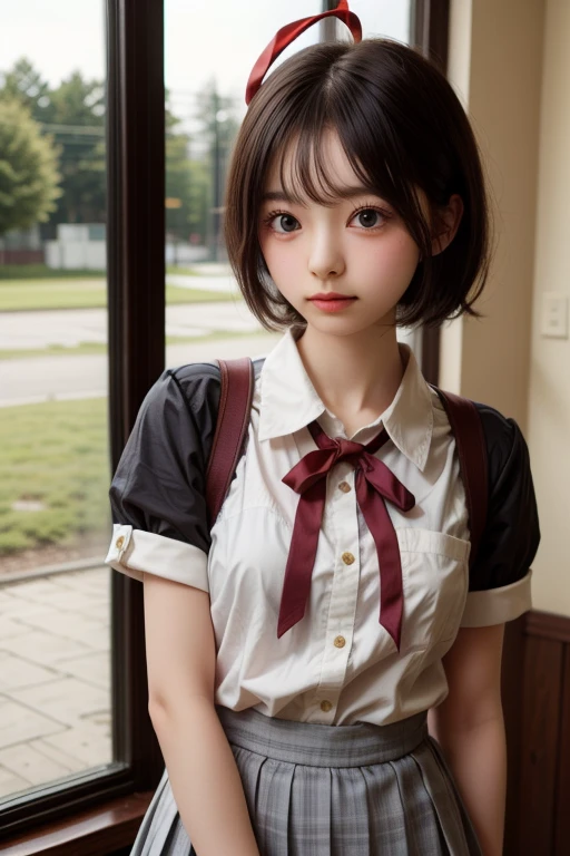 (masterpiece:1.2, highest quality), (Realistic, photoRealistic:1.4), Beautiful illustrations, (Natural Side Lighting, Cinema Lighting), Written boundary depth, Looking at the audience, Front view, 1 girl, Asian, 15 years old, Perfect Face, Symmetrical cute face, Pale skin, Shiny skin, Asymmetrical bangs, Big eyes, Droopy eyess, Long eyelashes, thin, Beautiful Hair, Beautiful Face, Beautiful and beautiful eyes, Beautiful clavicle, Beautiful body, Beautiful breasts, Beautiful thighs, Beautiful legs, Beautiful fingers, ((High-quality fabric, brown knit vest, Short sleeve white collar shirt, Navy Pleated Skirt, Navy bow tie )), (vaginal Sex:1.5), (Beautiful views), evening, Droopy eyes, (Cum in pussy:1.5), Sex, erotic, Cum in pussy, Heterosexual, Mole, Mole under eye, (smile, Superior, Open your mouth)、chisato nishikigi, short hair, bangs, blonde hair, (red eyes:1.5), hair ribbon, one side up, bob cut,