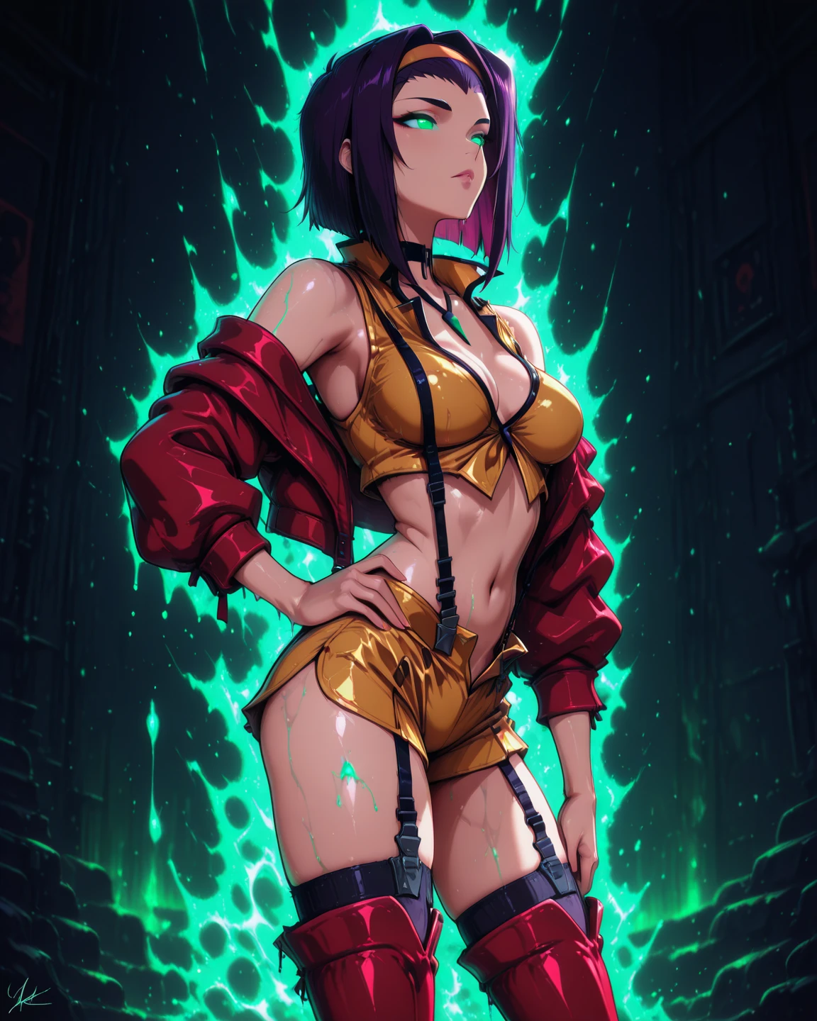 Tank girl with tiny panties and ripped top, crazy face, sarcastic smile, punk hair, mohawk hair, colored hair, slim and well-defined body, Waist slender, nude belly, coxas nuas, dirty laundry, world after apocalypse, wasteland, sexly, pose de atitude, Create a cool character for a gacha game based on the game Zenless Zone Zero, female character in devil clothes in warm colors, S-level fire elemental character, devil horns and tail, beautiful and cute face, nymph body, lolly, haughty, devilish smile, wielding a serrated sword, pose de atitude, aggressive movements, Shark teeth