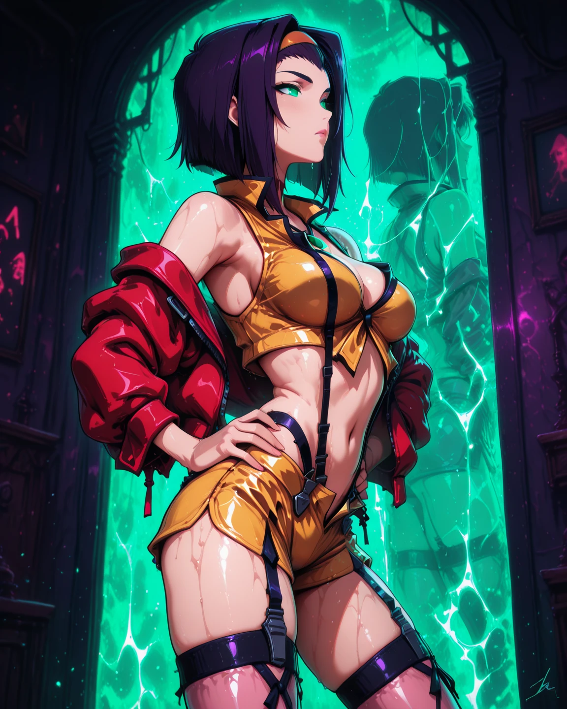 RavenTT, navy-blue cloak, black leotard, brooch, belt, She is alone, hot, fondo oscuro, Cara detallada, ojos detallados, Manos detalladas, capa, Ropa ajustada, cuerpo delgado, cinematiclight, 8k, Side camera, Mirando al espectador
