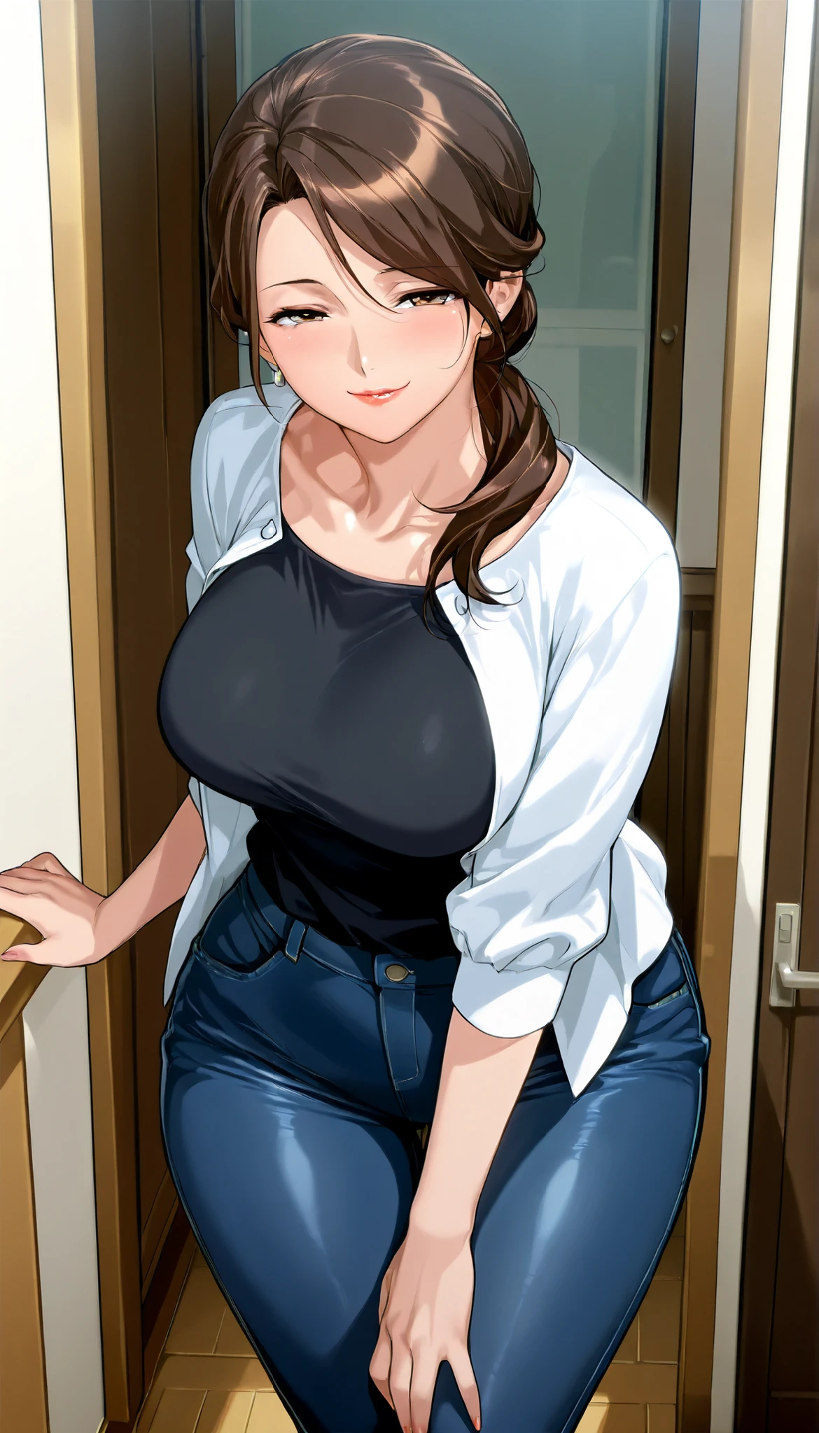 score_9, score_8, masterpiece, Anime Source _sexy brown hair, Low Ban, Housewife, Mature Woman, Mature Woman, wide hips, Big breasts, thigh, seductive smile, open shirt, tight jeans, very detailed, beautiful lips, cute face, Standing, front view, I can see up to my knees
