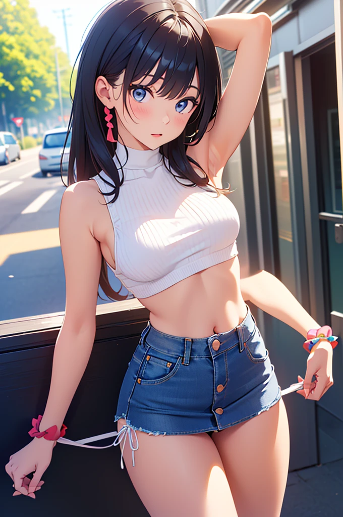 (masterpiece, best quality, ultra-detailed), swept bangs, braid, braided bangs, (wearing a t-shirt:1.2), sitting on a chair outside of caf, embracing the natural beauty, sunlight, beautiful cloudy sky, city, street, denim shorts, black stocking,
medium breasts, thick thighs, critical angle, cowboy shot, arm behind head, arm behind back, armpits, light smile, crop top, strong and seductive expressions,,