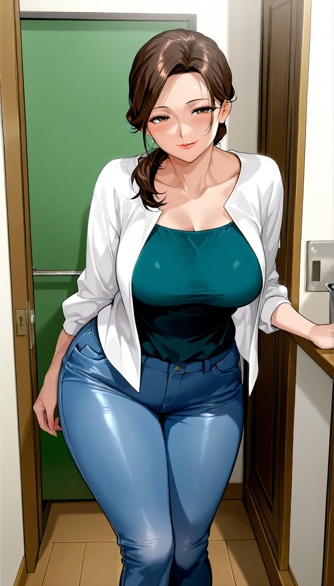 (masterpiece, best quality), (1girl, solo, brown hair, mothely, alluring, seductive), (anime, anime style, manga, anime character, big eyes, stylized, cute, charming), (photography, photo shoot, detailed, intricate), (house interior, kitchen), (Cardigan, glasses, lovely, blue pants, hourglass figure, curves, gentle smile, affectionate expression).