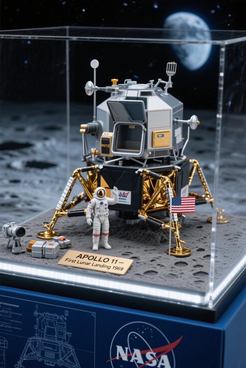 highly detailed scale model figure of the Apollo Lunar Module (LM) as the central focus, with extended landing legs, gold foil texture, antennas, thrusters, and open hatch, accurately sculpted with authentic mission markings

a small astronaut figure in A7L suit stands beside the lander for scale, saluting the American flag planted in the lunar soil, footprints and equipment such as the lunar camera and experiment packages placed around the module

the display base is a realistic textured lunar surface with crater details, enclosed in a transparent acrylic case with soft cold white LED lighting simulating moonlight, Earth printed faintly on a backdrop sky

base plaque reads: “APOLLO 11 – First Lunar Landing 1969”, boxed in a retro NASA-themed collector’s package with technical blueprints and vintage typography