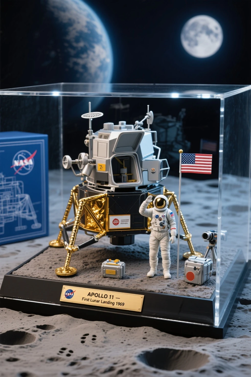 highly detailed scale model figure of the Apollo Lunar Module (LM) as the central focus, with extended landing legs, gold foil texture, antennas, thrusters, and open hatch, accurately sculpted with authentic mission markings

a small astronaut figure in A7L suit stands beside the lander for scale, saluting the American flag planted in the lunar soil, footprints and equipment such as the lunar camera and experiment packages placed around the module

the display base is a realistic textured lunar surface with crater details, enclosed in a transparent acrylic case with soft cold white LED lighting simulating moonlight, Earth printed faintly on a backdrop sky

base plaque reads: “APOLLO 11 – First Lunar Landing 1969”, boxed in a retro NASA-themed collector’s package with technical blueprints and vintage typography