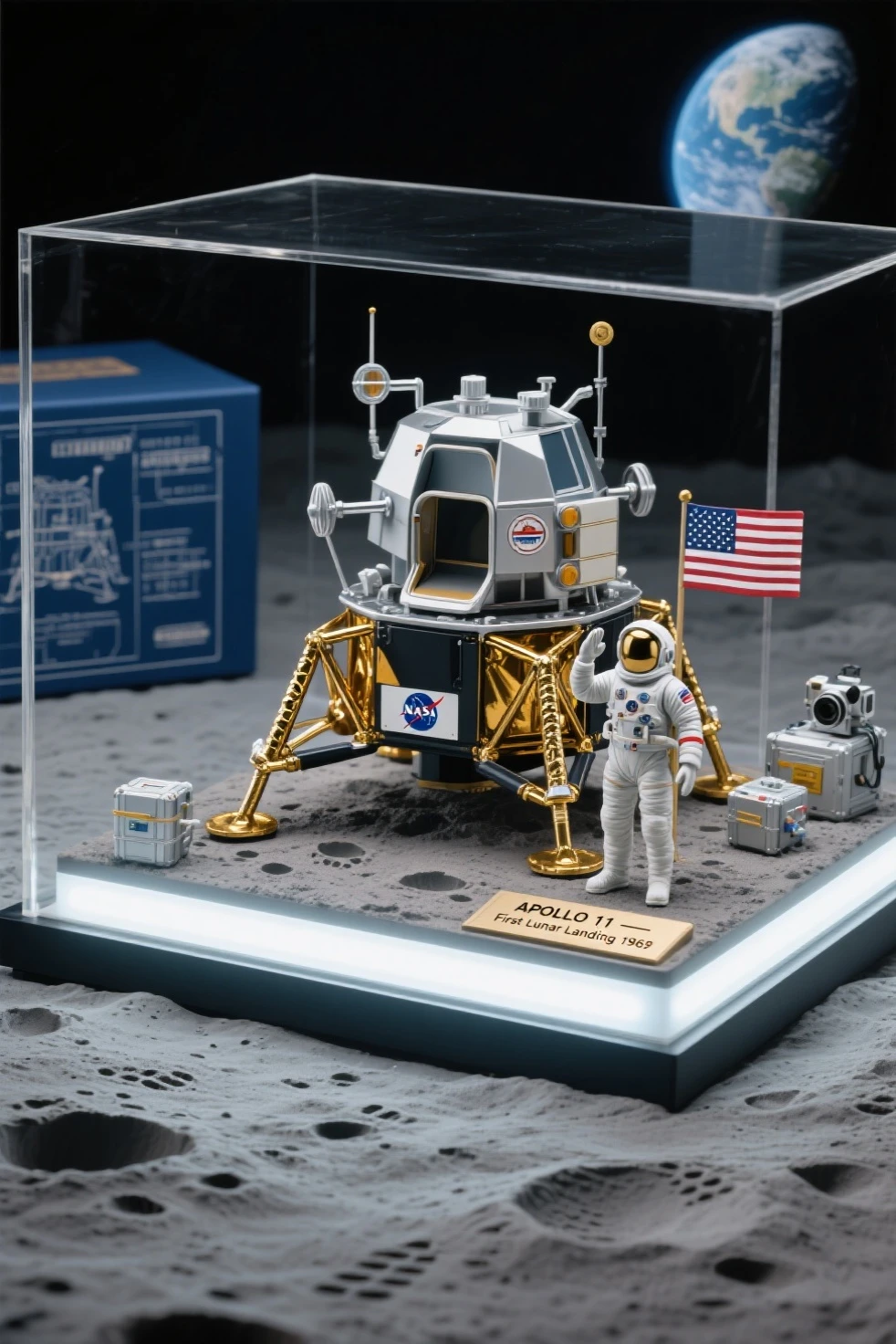 highly detailed scale model figure of the Apollo Lunar Module (LM) as the central focus, with extended landing legs, gold foil texture, antennas, thrusters, and open hatch, accurately sculpted with authentic mission markings

a small astronaut figure in A7L suit stands beside the lander for scale, saluting the American flag planted in the lunar soil, footprints and equipment such as the lunar camera and experiment packages placed around the module

the display base is a realistic textured lunar surface with crater details, enclosed in a transparent acrylic case with soft cold white LED lighting simulating moonlight, Earth printed faintly on a backdrop sky

base plaque reads: “APOLLO 11 – First Lunar Landing 1969”, boxed in a retro NASA-themed collector’s package with technical blueprints and vintage typography
