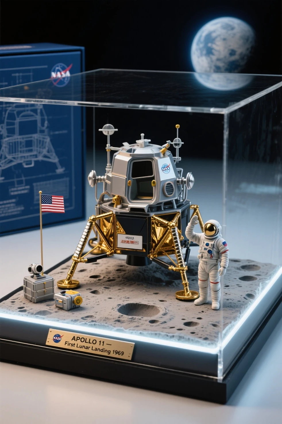 highly detailed scale model figure of the Apollo Lunar Module (LM) as the central focus, with extended landing legs, gold foil texture, antennas, thrusters, and open hatch, accurately sculpted with authentic mission markings

a small astronaut figure in A7L suit stands beside the lander for scale, saluting the American flag planted in the lunar soil, footprints and equipment such as the lunar camera and experiment packages placed around the module

the display base is a realistic textured lunar surface with crater details, enclosed in a transparent acrylic case with soft cold white LED lighting simulating moonlight, Earth printed faintly on a backdrop sky

base plaque reads: “APOLLO 11 – First Lunar Landing 1969”, boxed in a retro NASA-themed collector’s package with technical blueprints and vintage typography