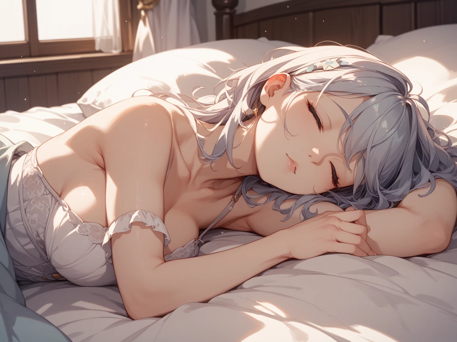 A naked seven years old girl gray hair in bed
