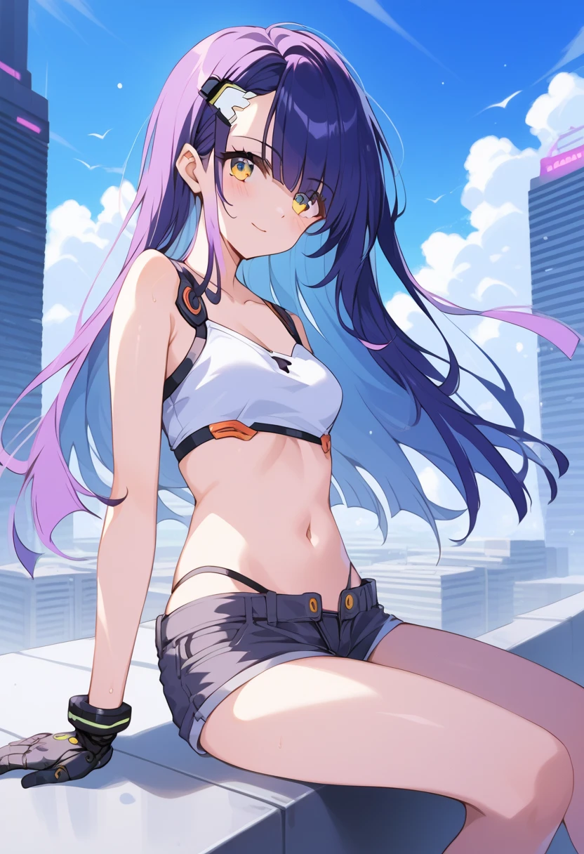 masterpiece, best quality, ultra-detailed), Focalors \(genshin impact\), (purple hair), swept bangs, braid, braided bangs, purple eyes, pink eyes,
(wearing a t-shirt:1.2), sitting on a chair outside of caf, embracing the natural beauty, sunlight, beautiful cloudy sky, city, street, denim shorts, black stocking,
medium breasts, thick thighs, critical angle, cowboy shot, arm behind head, arm behind back, armpits, light smile, crop top, strong and seductive expressions