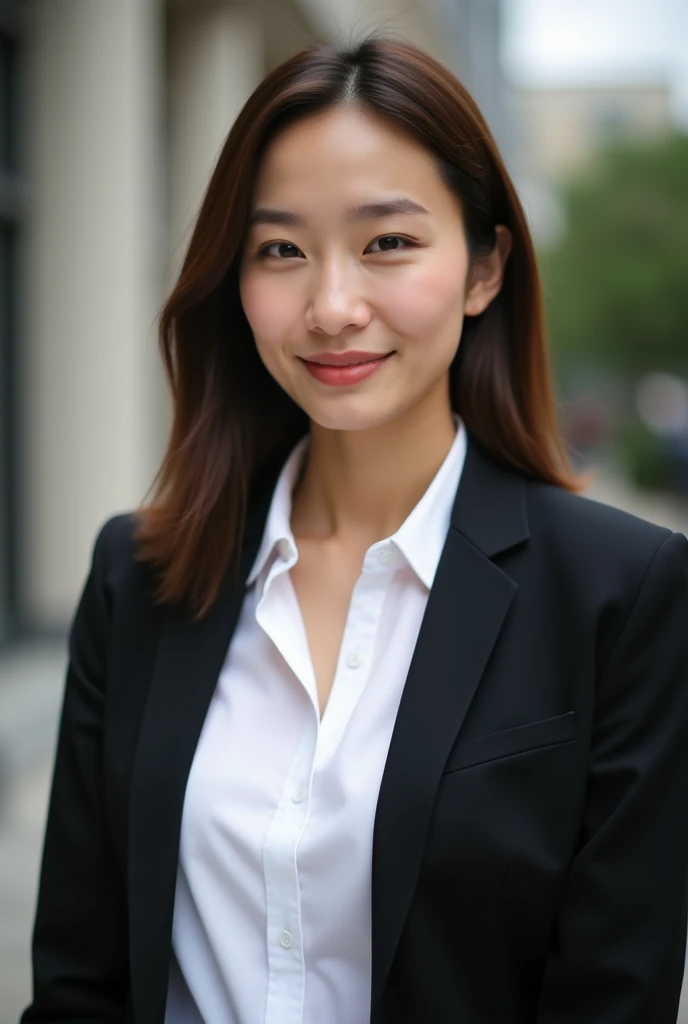 (masterpiece:1. 0), (best quality:1. 4), (ultra highres:1. 2), (photorealistic:1. 4), (large breasts:1.2),(8k, RAW photo:1. 2), (soft focus:1. 4), 1 woman, posh, (sharp focus:1. 4), (korean:1. 2), (american:1. 1), detailed beautiful face, black hair, (detailed open blazer:1. 4), tie, beautiful white shiny humid skin, smiling