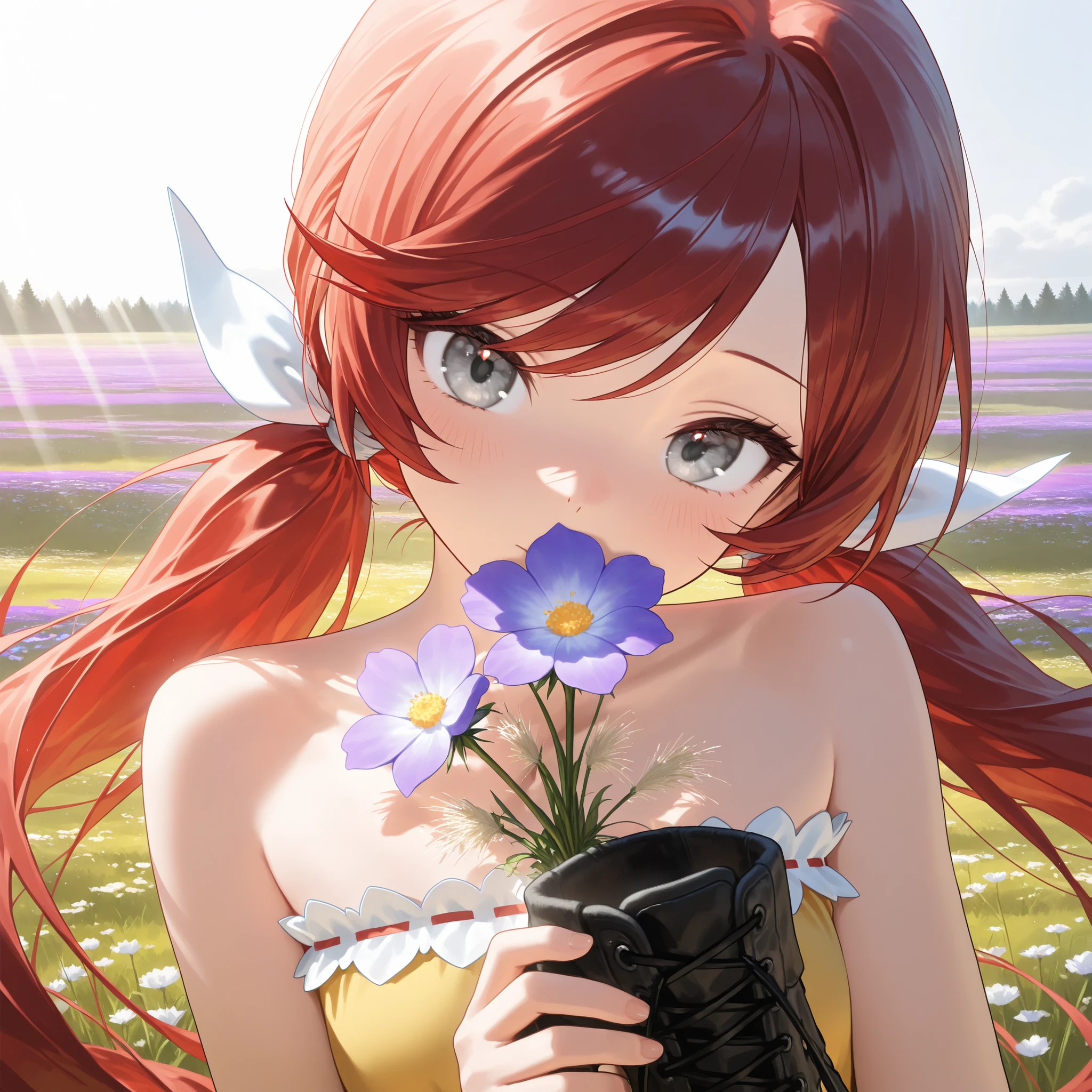 (masterpiece:1.2, Best Quality), (finely detailed beautiful eye: 1.2), (beautiful detailed face), (masterpiece:1.2, Best Quality), (finely detailed beautiful eye: 1.2), (beautiful detailed face), upper body, solo, thin girl, close up, holding purple flowers, smelling flowers, gray eyes, head tilt, dark red hair, swept bangs, low twin tails, white ribbons, strapless sleeveless shirt, strapless yellow shirt, shirt with white trim, white frill trim, jeans, black combat boots, thin thighs, thin legs, meadow, flowers, tall weeds, trees, sunrays, golden sunlight, shadows,