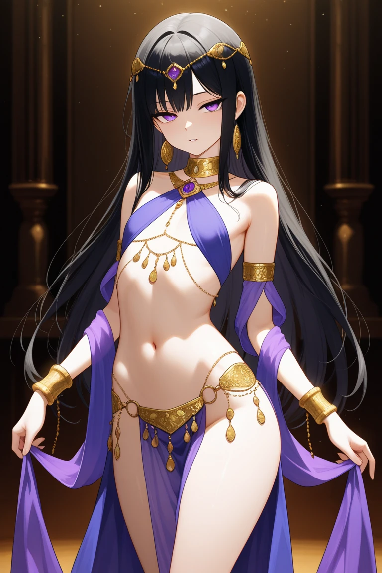 1 girl, black hair, wavy hair, hazel eyes, droopy eyes, mature face, ancient egyptian style, see-through, big breasts, cameltoe, no panties, blurry background, petals, bouqet, blushed, light smile, pepperoni nipples, erect nipples, dancing, bounce, areola slip, tanned skin, body chain